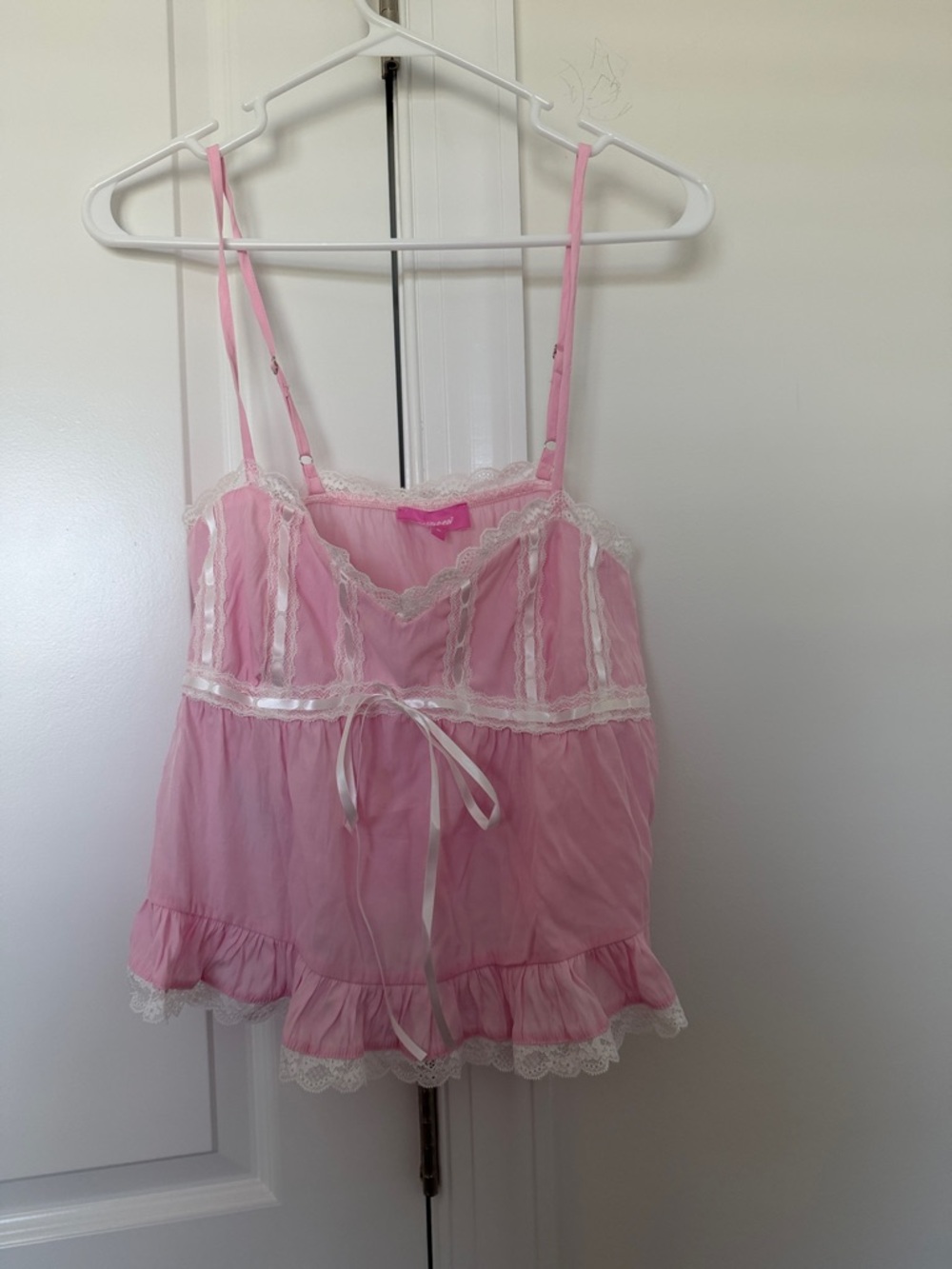 Edikted Pink Lace-Trim Chemise with Satin Waist Tie